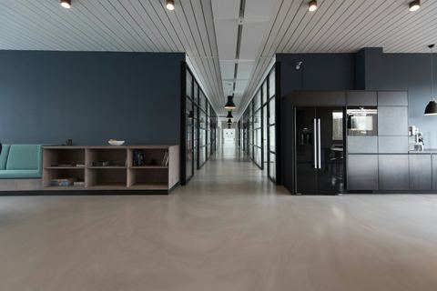 Finished commercial office interior with glass partitions